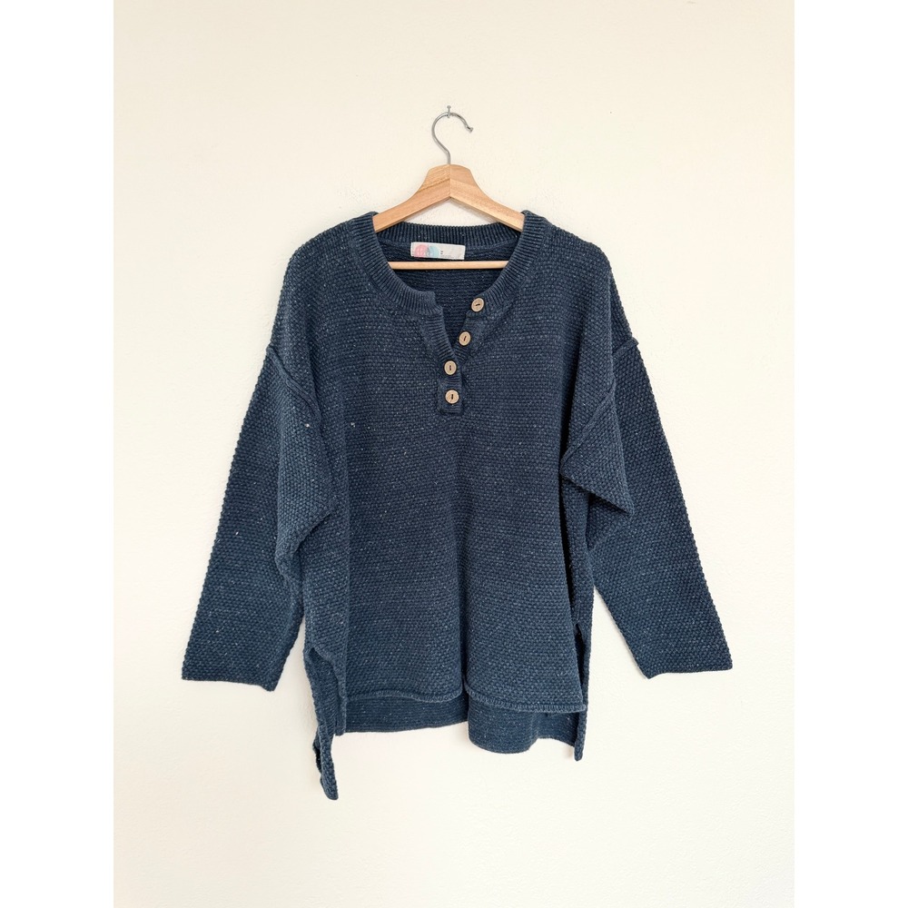 Free People Beach Navy Blue Waffle Knit Henley Oversized Sweater Wood Buttons M